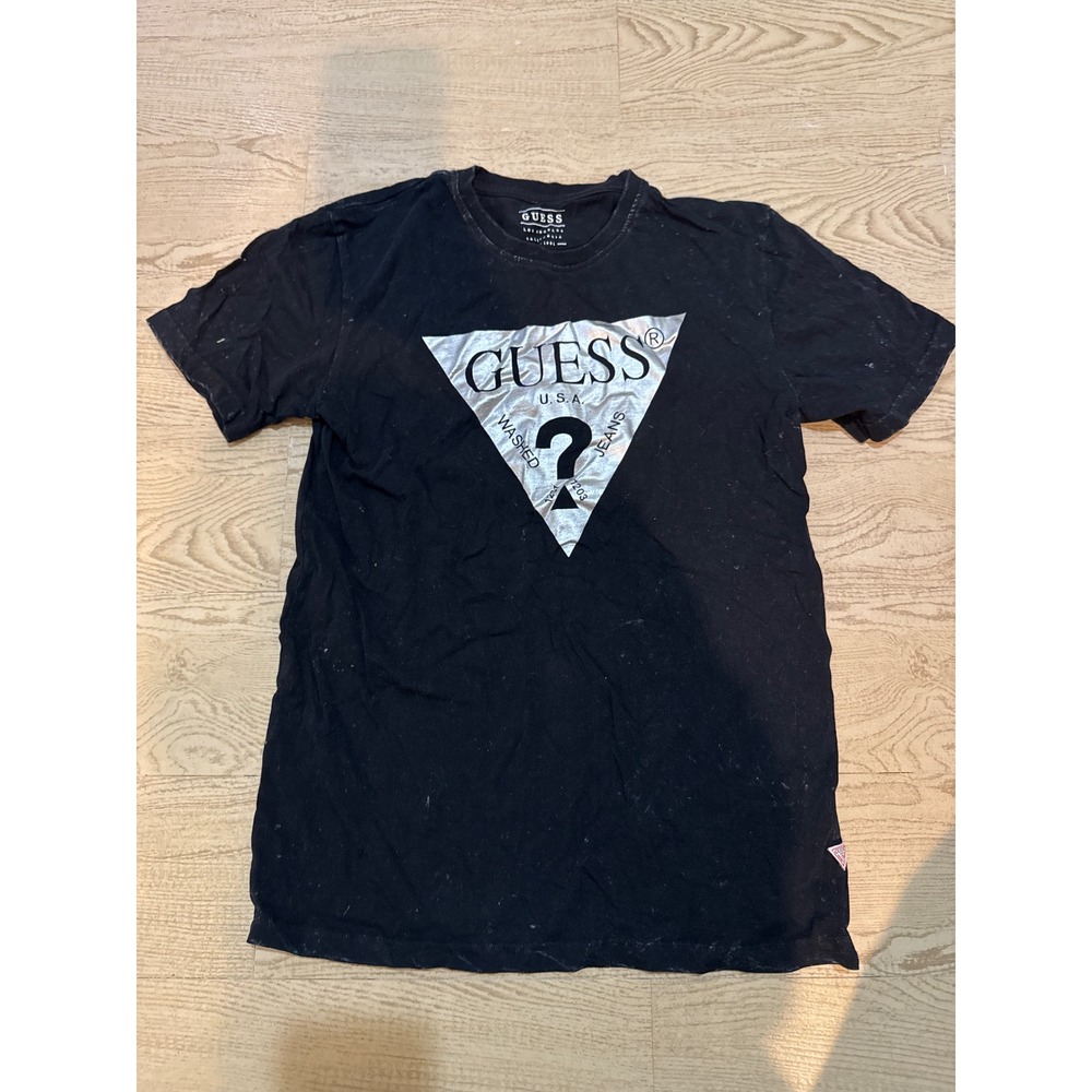 Guess Los‎ Angeles Mens Black Silver Metallic Triangle Logo T-Shirt Small